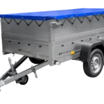GARTENANHÄNGER 264/2 KIPP Zweiachsanhänger mit Stützrad, Stützstangen, zusätzlichen Bordwänden und blauer Flachplane