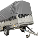 Großer 230×125 Anhänger mit hoher grauer Plane, Netzseiten und Stützrad – Gartenanhänger 230 KIPP