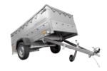 Großer 230×125 Anhänger mit grauer Flachplane, Bordwänden und Stützrad – Gartenanhänger 230 KIPP