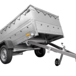 Großer 230×125 Anhänger mit grauer Flachplane, Bordwänden und Stützrad – Gartenanhänger 230 KIPP