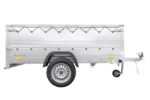 Großer 230×125 Anhänger mit grauer Flachplane, Planenstützstangen, Bordwandverlängerungen und Stützrad – Gartenanhänger 230 KIPP – Image 7