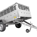 Großer 230×125-Anhänger mit flacher Plane, Netzseitenwänden, Stützrad und Planenstützstangen – Gartenanhänger 230 KIPP