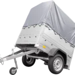 Hochanhänger mit Plane 150×106 [graue Plane, Bügel, Bordwandverlängerungen und Stützrad] Gartenanhänger 150 KIPP