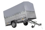 Einachsanhänger 264×150 UNITRAILER GARDEN 265 KIPP mit zusätzlichen Bordwänden, H-800-Reifen und grauer Plane