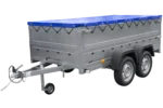 Gartenanhänger 264/2 KIPP-Doppelachsanhänger mit Stützrad, Bordwandaufsätzen und blauer Flachplane