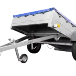 Verzinkter Anhänger 200×125 cm Gartenanhänger 201 KIPP [mit Stützrad, blauer Flachplane und Stützstangen für die Flachplane]