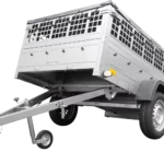 200×125 Mesh-Anhänger mit grauer Flachplane, Planenstützstangen, Mesh-Seiten und Stützrad – Gartenanhänger 201 KIPP