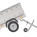 Kleiner Kippanhänger zu verkaufen – Gartenanhänger 150 KIPP [mit Bordwandaufsätzen und flacher grauer Plane]