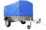 Klappbarer Anhänger 750 kg 200 x 125 mit blauer Kuppelplane und Gartenanhänger 201 KIPP-Bogen