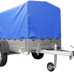 Klappbarer Anhänger 750 kg 200 x 125 mit blauer Kuppelplane und Gartenanhänger 201 KIPP-Bogen