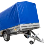 Straßenanhänger mit hoher Plane (110 cm), Reif (110 cm) und Stützrad 230×125 Gartenanhänger 230 KIPP