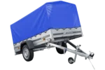 Straßenanhänger mit hoher blauer Plane, H-800-Überrollbügel und Stützrad 230×125 Garden Trailer 230 KIPP