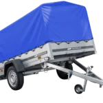 Straßenanhänger mit hoher blauer Plane, H-800-Überrollbügel und Stützrad 230×125 Garden Trailer 230 KIPP