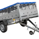 Anhänger ohne Bremse 230×125 mit flacher blauer Plane, Netzseiten und Stützrad – Gartenanhänger 230 KIPP