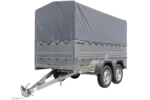 UNITRAILER GARDEN TRAILER 264/2 KIPP 2-Achs-PKW-Anhänger mit Stützrad, zusätzlichen Bordwänden, H-800-Fahrgestell und grauer Plane
